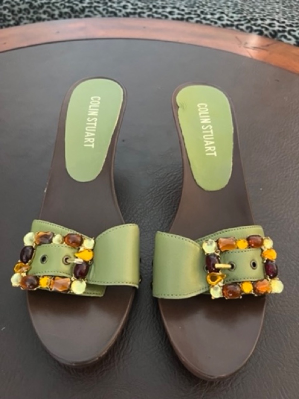 Colin Stuart Kitten Heel Mules Khaki Green and Jeweled Buckle